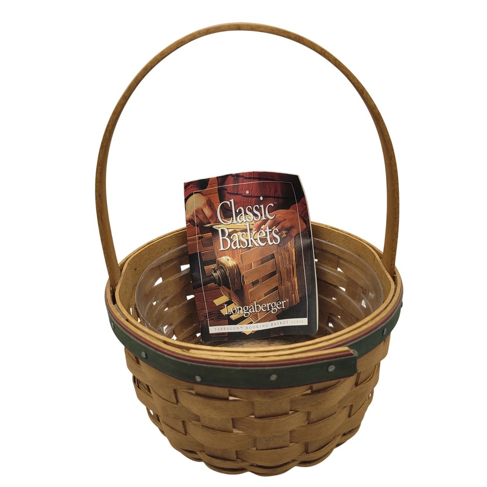 Longaberger Tarragon Booking Basket Woven Wood Small Handle Clear Liner Brochure